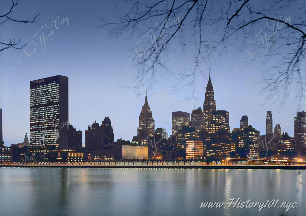 Panoramic photograph of Manhattan's skyline taken from Roosevelt Island, known at the time as "Welfare Island".