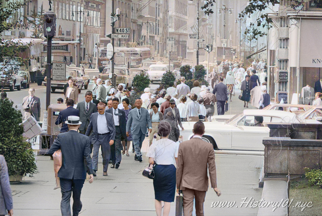 Explore 1964 NYC through Thomas J. O'Halloran's photo: a vivid capture of 5th Avenue's bustling streets, fashion, and architecture