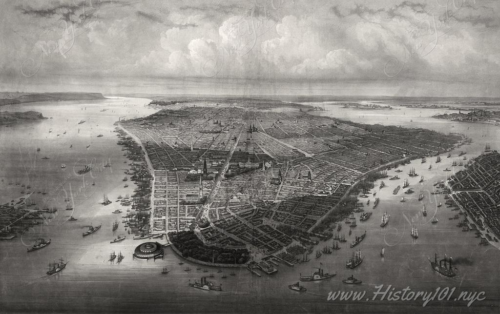 Explore this 1851 “New-York” engraving, a bird’s-eye view produced on stone (litho) by Heine, Kummer, and Himely, capturing Manhattan’s mid-19th-century growth