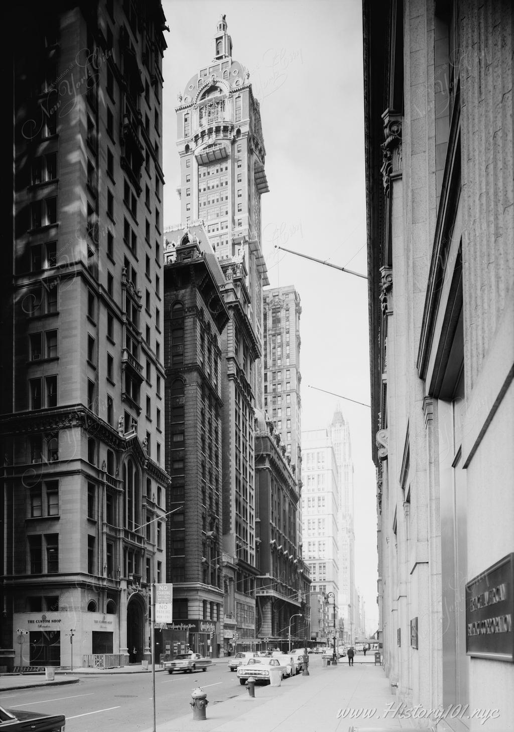 A photograph taken by the Historic American Buildings Survey of the soon to be demolished Singer Tower at 149 Broadway.