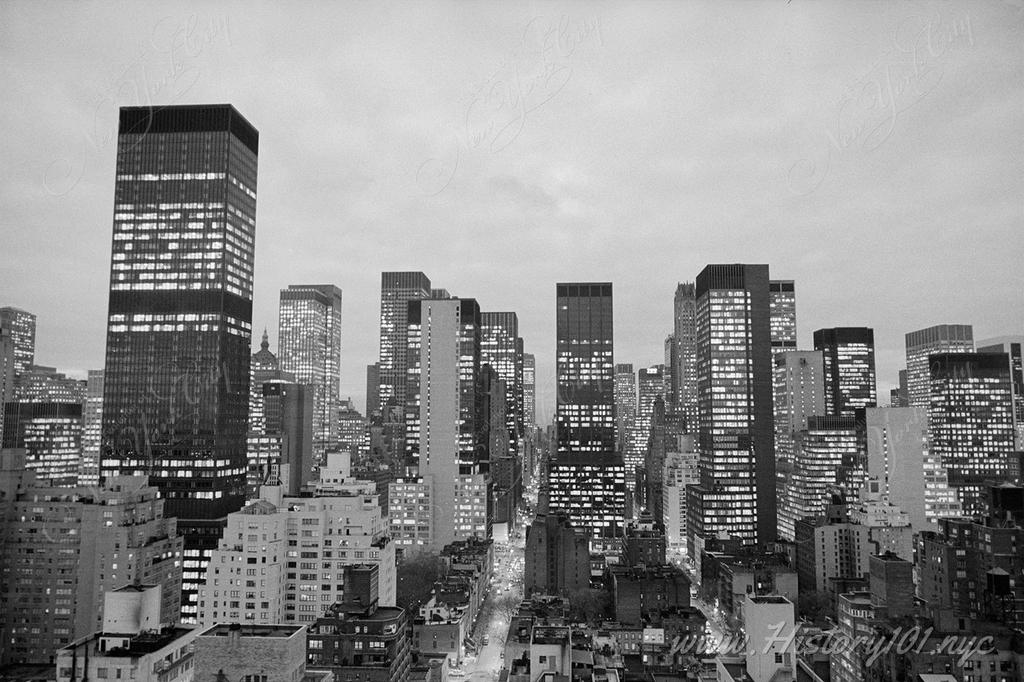 Photograph of New York City's skyscrapers as dusk approaches. Taken on January 10th, 1975.