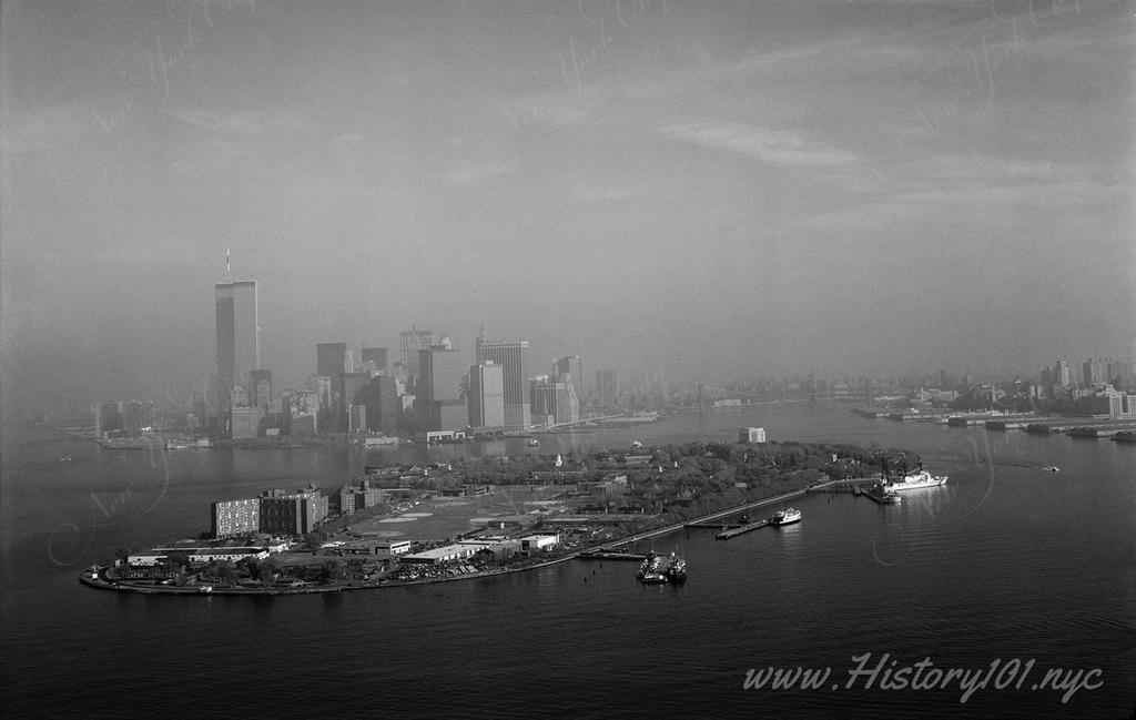 Aerial view of New York Harbor and Governors Island, looking north taken from helicopter.
