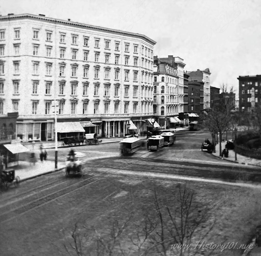 Photograph shows the Fifth Avenue Hotel, across the street from Madison Square Park, New York City.