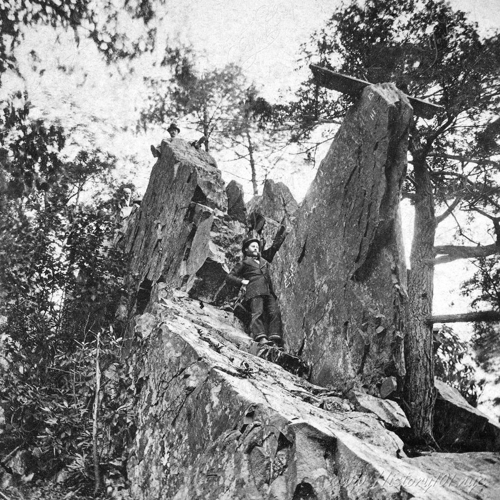 Photograph of a man in a suit perched atop one of the prominent rock formations at Prospect Park, Brooklyn.