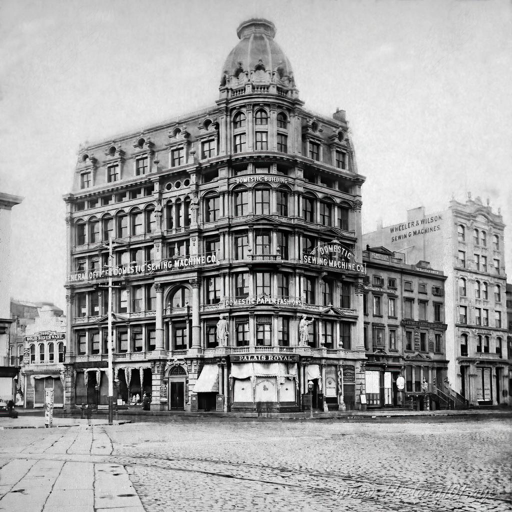 A photograph showing the building of the Domestic P.M. Company, located at Union Square, New York City.
