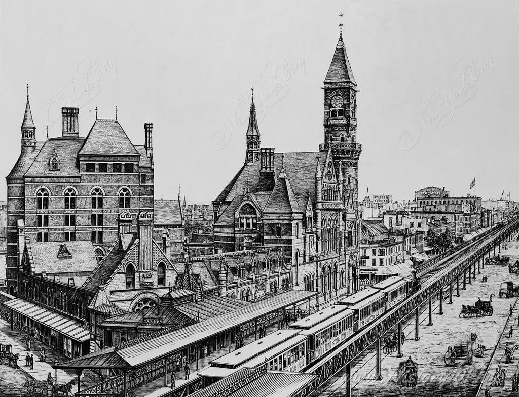 View north along Sixth Avenue shows the Third Judicial District Courthouse, 425 Avenue of the Americas, currently known as Jefferson Market.