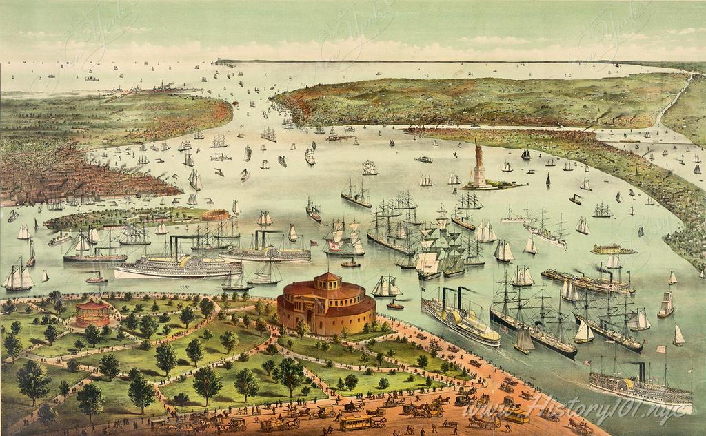 The Port of New York - a bird's eye view from the Battery, looking south.