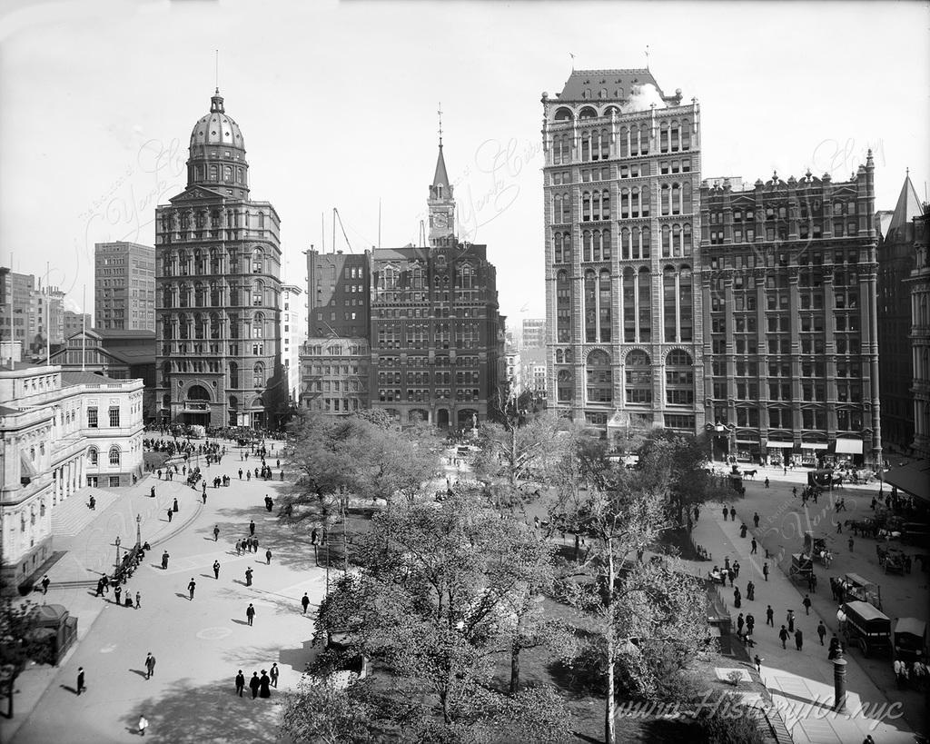 An aerial photograph of Park Row, also known as Newspaper Row as it became the epicenter of 19th century news.