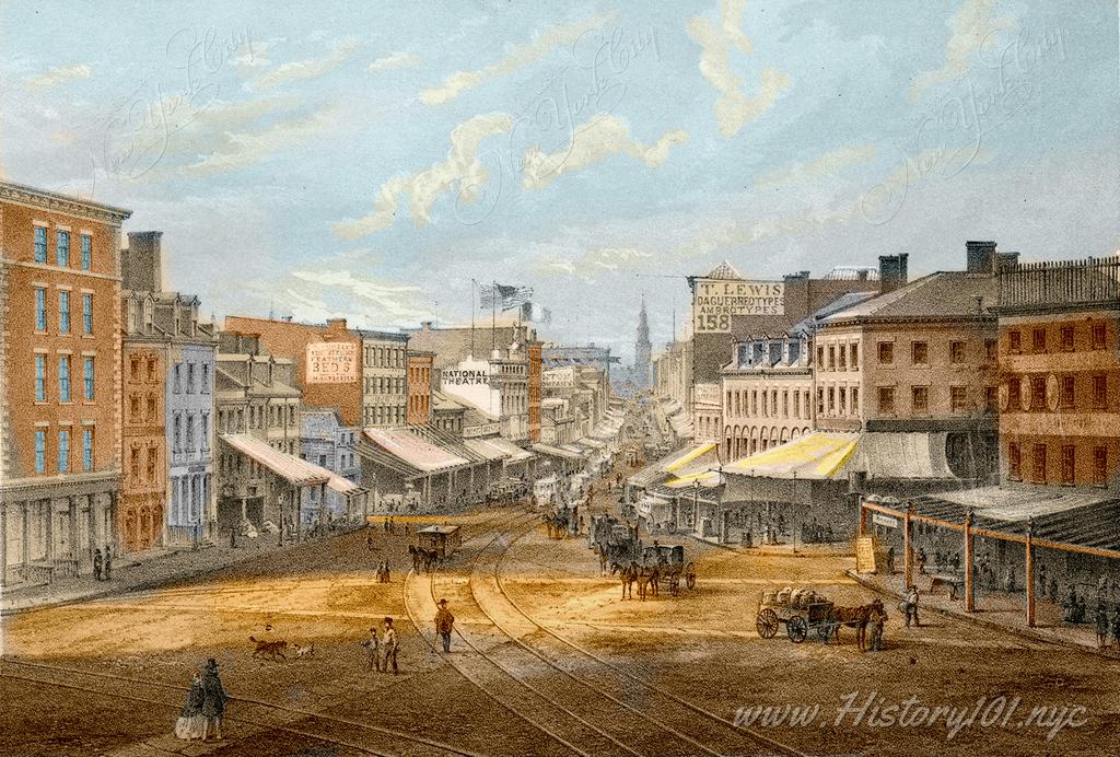 Lithograph illustration of Chatham Square, named after William Pitt, 1st Earl of Chatham and Prime Minister of Great Britain before the American Revolution.
