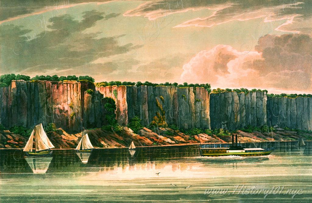 A painting of the Palisades - a line of steep cliffs along the west side of the lower Hudson River in Northeastern New Jersey and Southeastern New York.