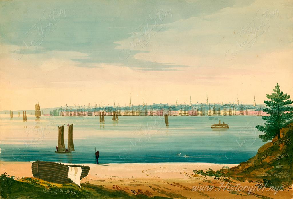 Drawing shows lower Manhattan across the East River with sailboats, sailing ship, and steamship in the river.