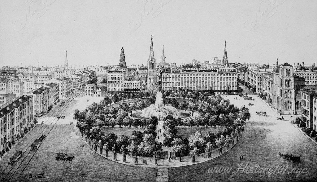 An aerial view of people, horses and wagons crossing Union Square Park.