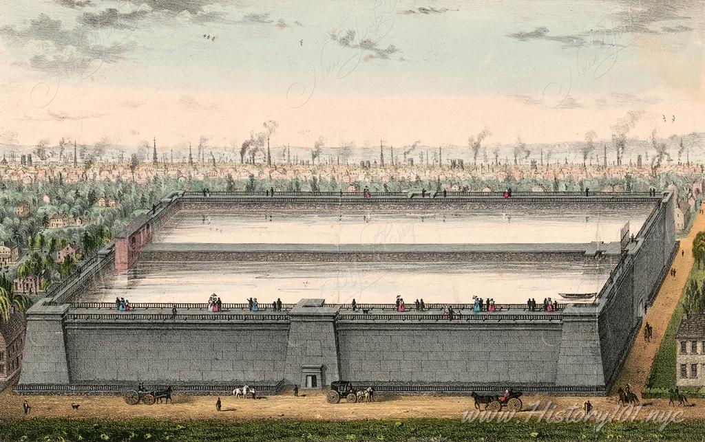 View of the Murrays Hill Reservoir - the terminal, or distributing, reservoir of the original Croton Aqueduct.