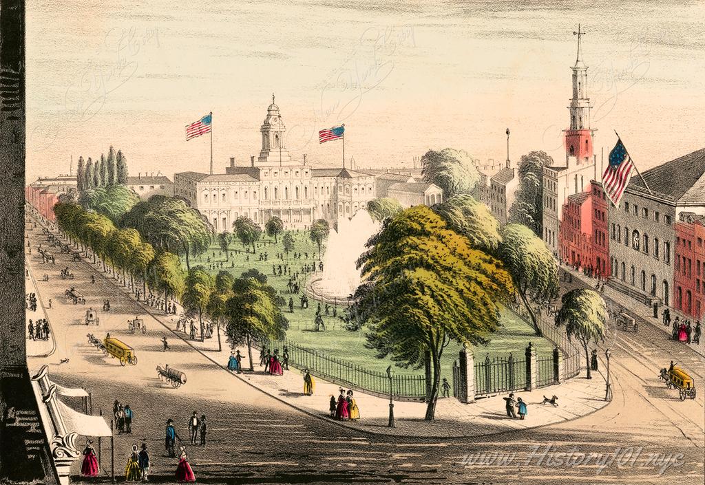 An illustrated view of City Hall and the park fountain.