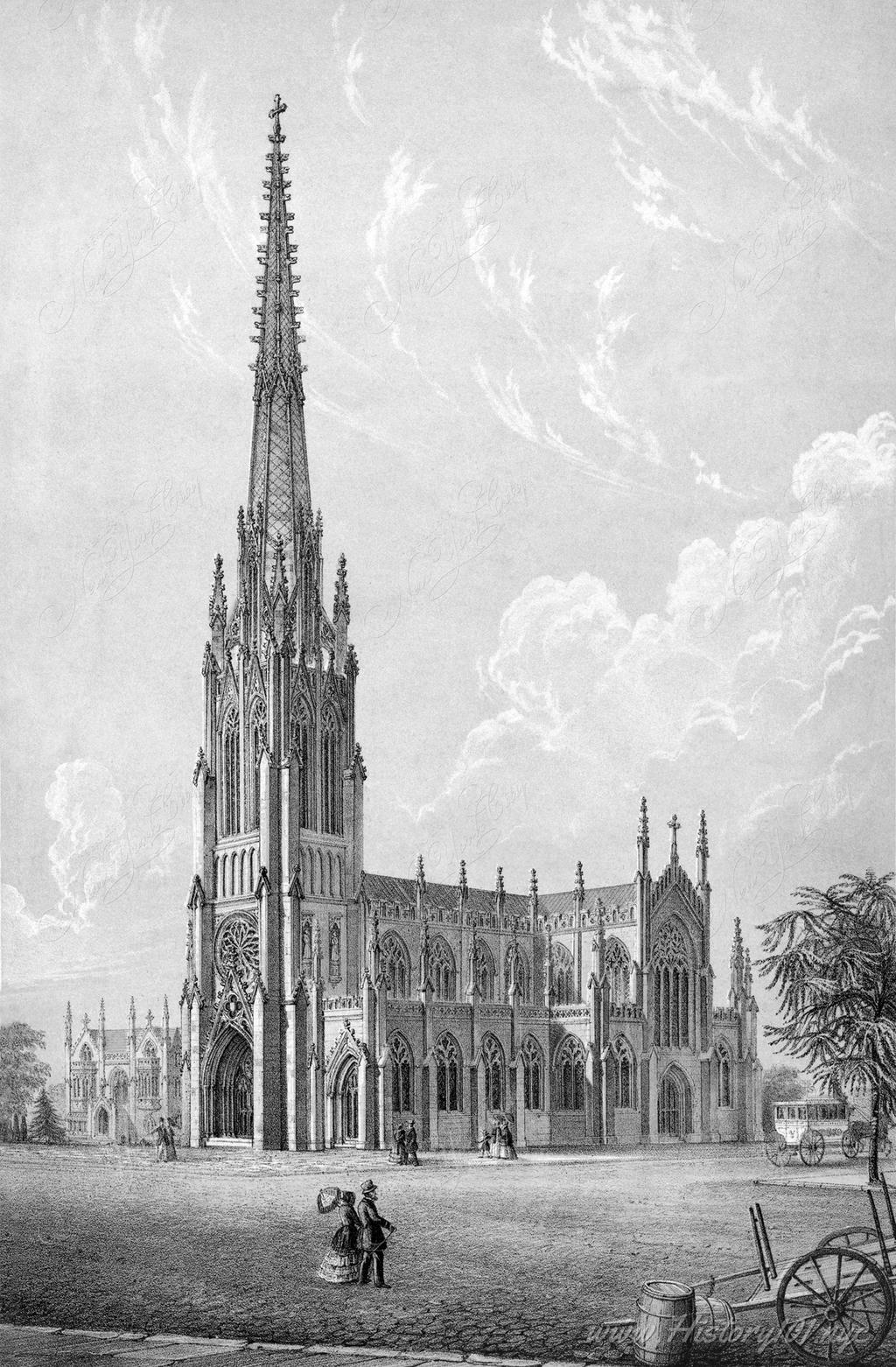 Black and white etching of Grace Church at its uptown location. The church was initially organized in 1808 at Broadway and Rector Street.