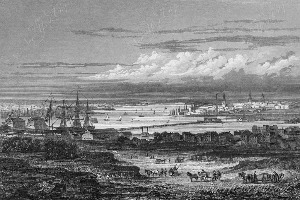 An illustrated perspective of Brooklyn, Manhattan and the Hudson River from the Navy Yard.