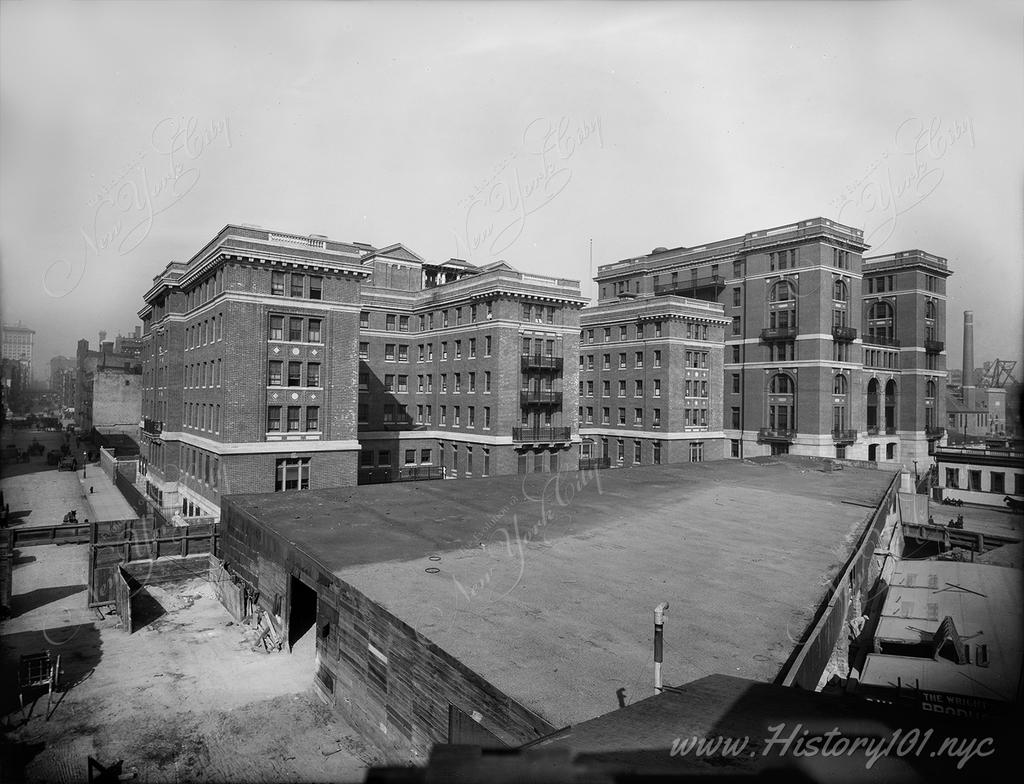 Photograph of the newly constructed Bellevue, the first public hospital in the United States.