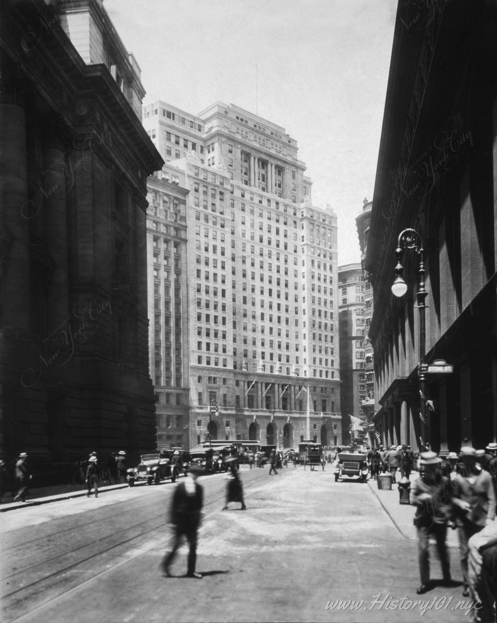 Photograph of The Cunard Building, also known as the Standard & Poors Building - a 22-story office building located at 25 Broadway next to Bowling Green Park.