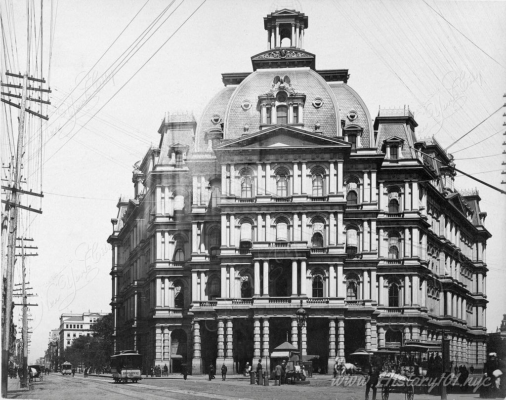 General post office on Broadway and Park Row. The building is characterized by arched windows and columns on each level.