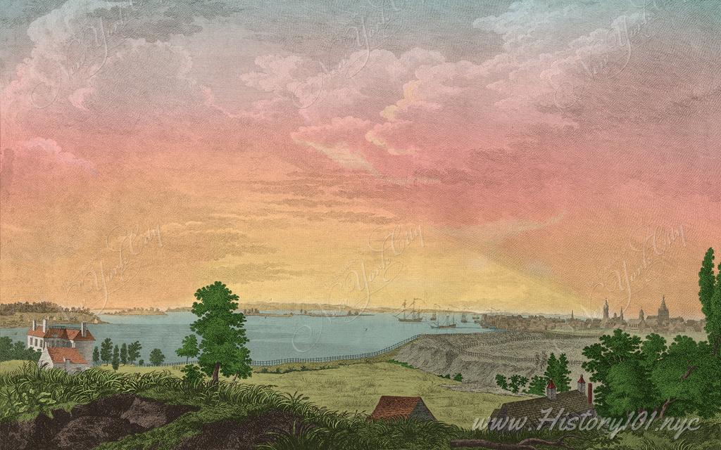 Artist's depiction of a sunset over New Jersey, with the island of Manhattan in the distance with a visible amount of traffic in the harbor.