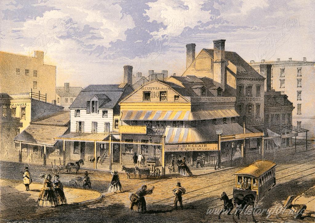 An illustration of a busy corner of downtown Manhattan. The corner of Chatham and Pearl Streets were home to many markets and storehouses.
