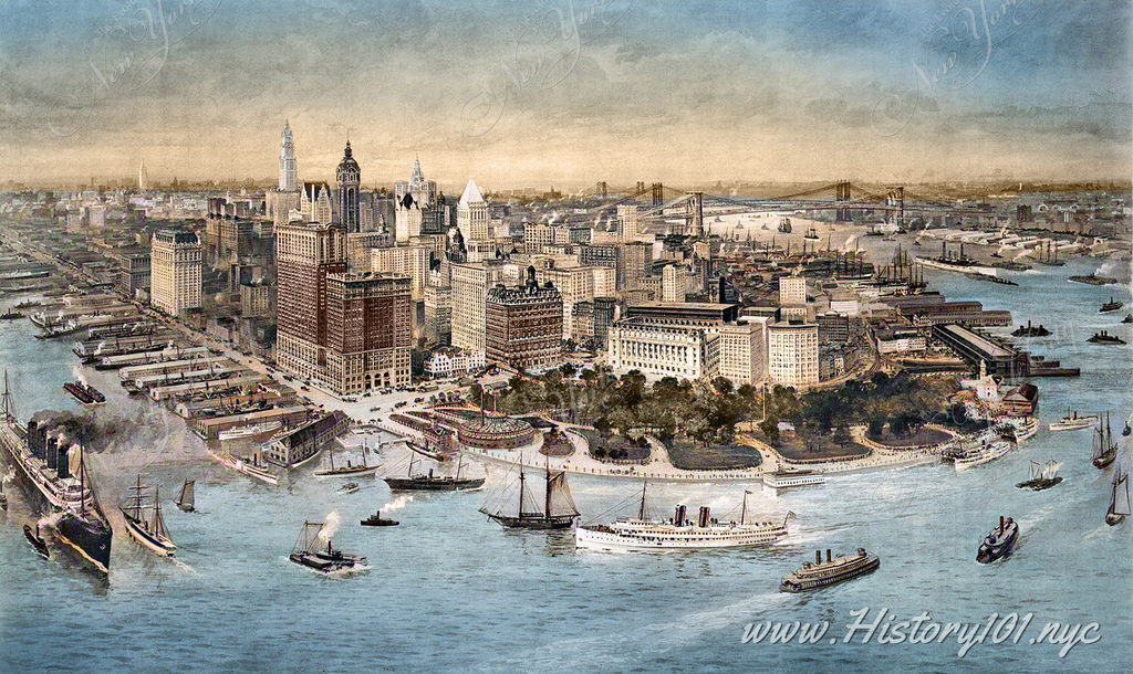 An illustration depicting an elevated perspective of New York Harbor, buzzing with activity from many ships.
