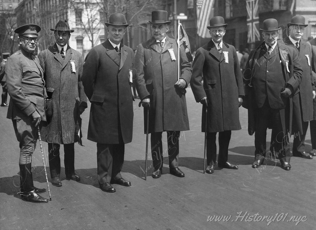 General George R. Dyer, Benjamin Strong, Seward Prosser, J.P. Morgan, Charles H. Sabin, Gates McGarrah and Frank A. Venderlip at NYC's 3rd Liberty Loan Parade.