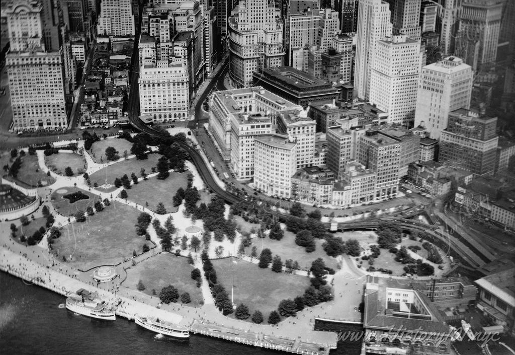 An aerial photograph of lower Manhattan overlooking Battery Park as part of a survey of Greenwich Street.