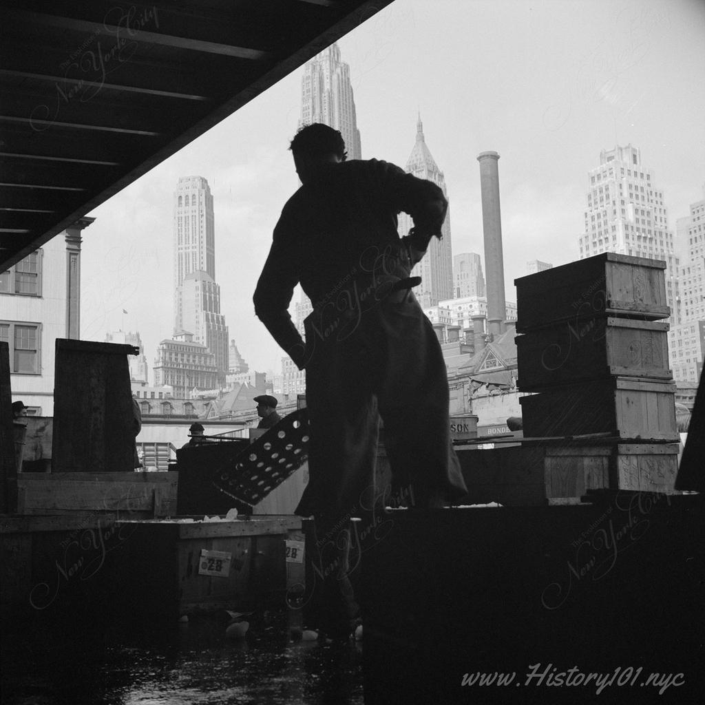 Photograph of a worker unloading at the Fulton Fish Market docks against a backdrop of downtown skyscrapers.