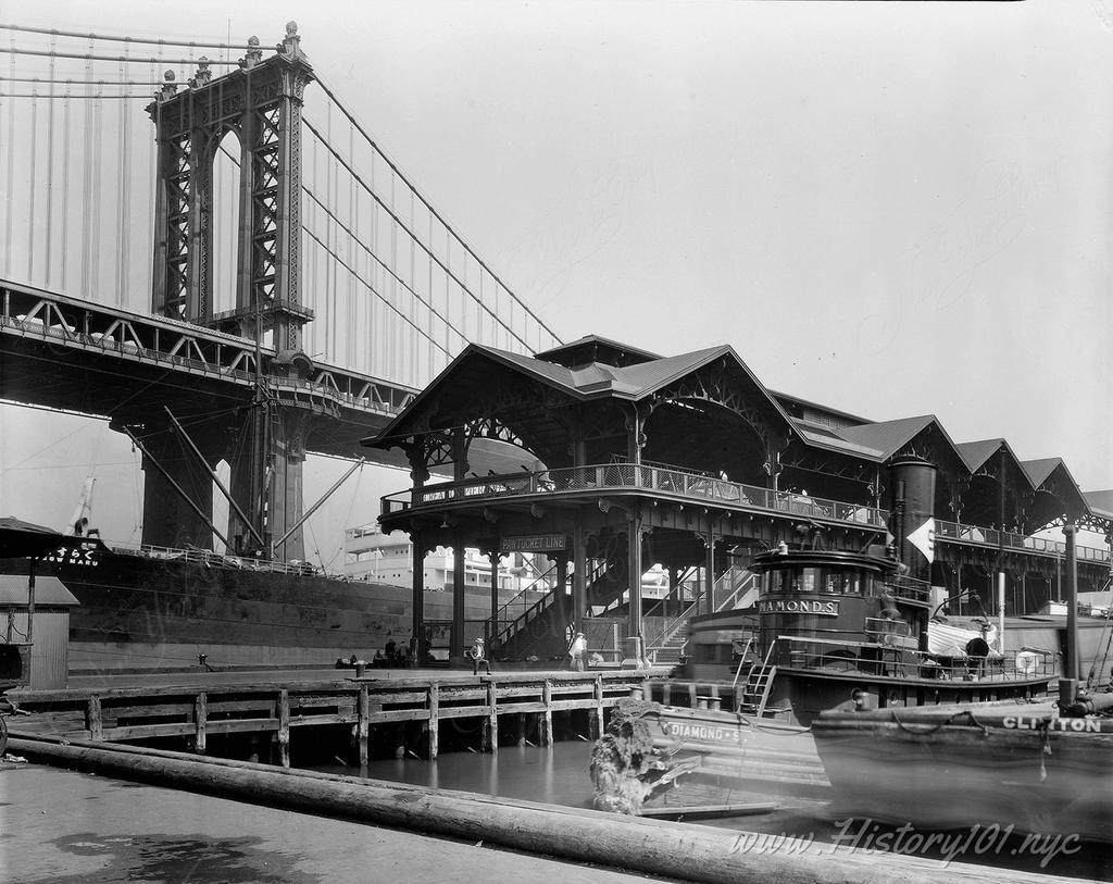 Photograph of a Recreation Area with various boats docked in front with the Manhattan Bridge in the background.