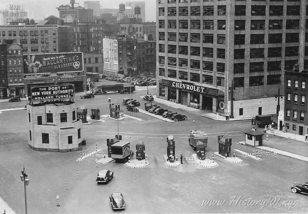 Aerial photograph of cars and toll booths at the Entrance Plaza to the Holland Tunnel.