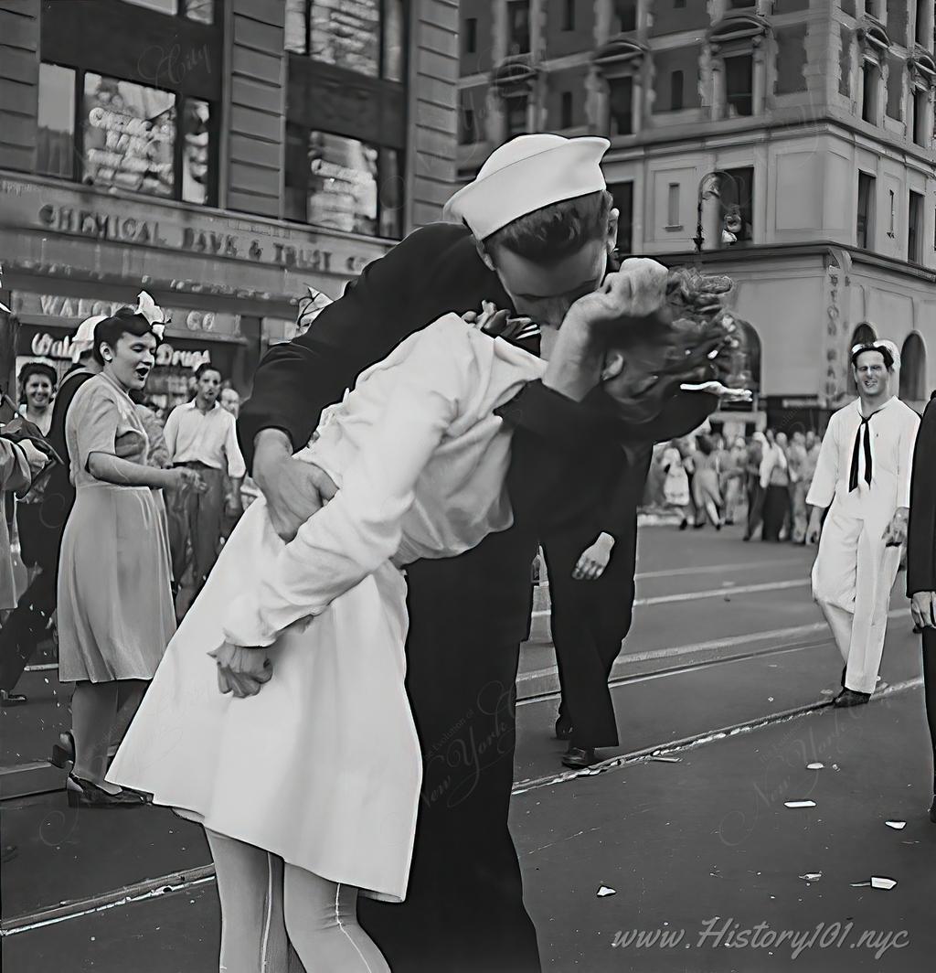 Photograph of a sailor kissing an unknown woman in Times Square upon the announcement of Japan's surrender.