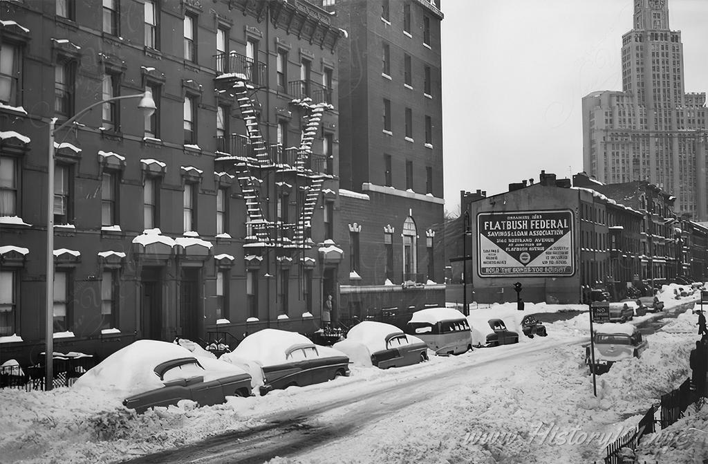 Photograph taken after a snow storm on State Street in Brooklyn, New York.