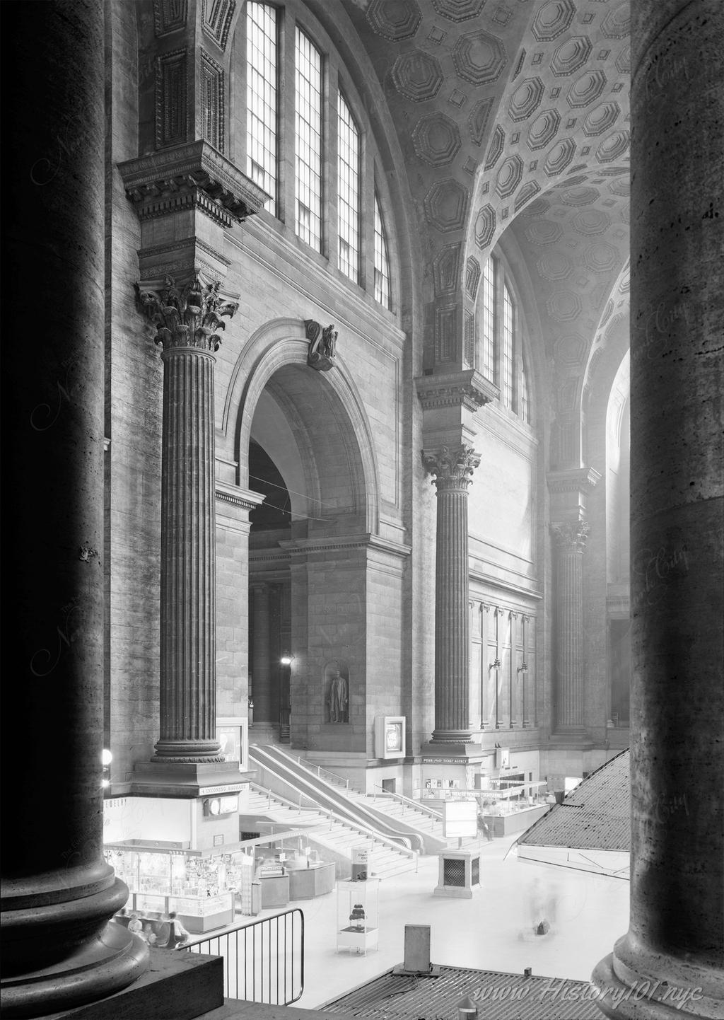 Photograph of the elaborate stonework and pillars that once adorned the walls of Pennsylvania Station.
