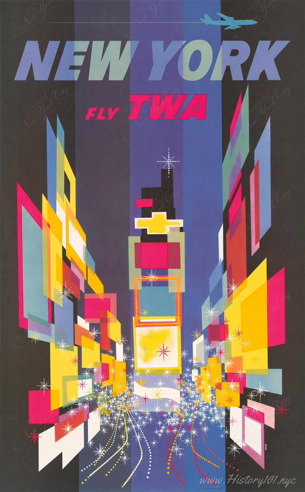 Art poster featuring an abstract interpretation of Times Square in New York with a TWA jet and jetstream at the top of the image.