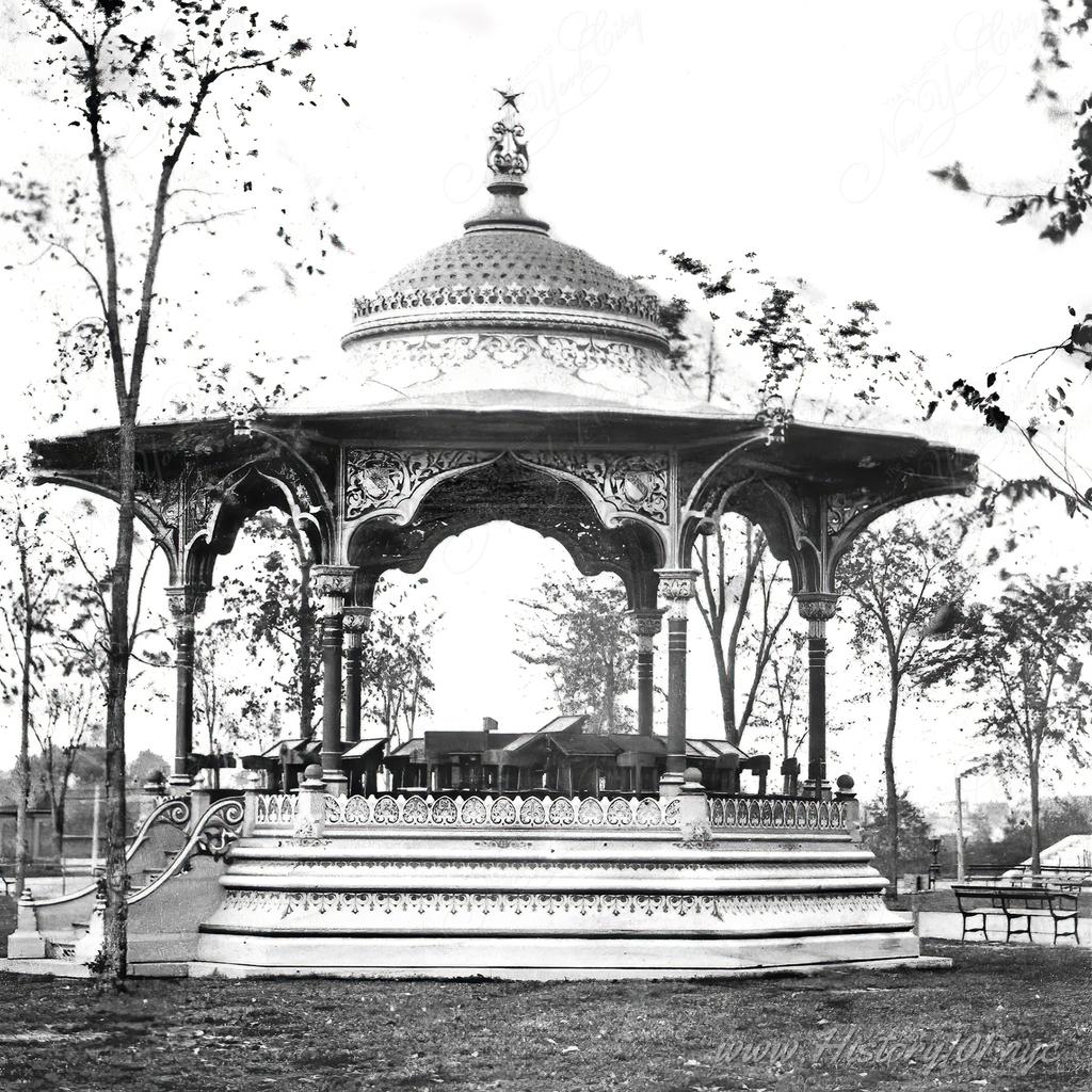 A photograph of the Music Pavilion on a quiet and overcast autumn day. Taken by George Stacy in 1865.