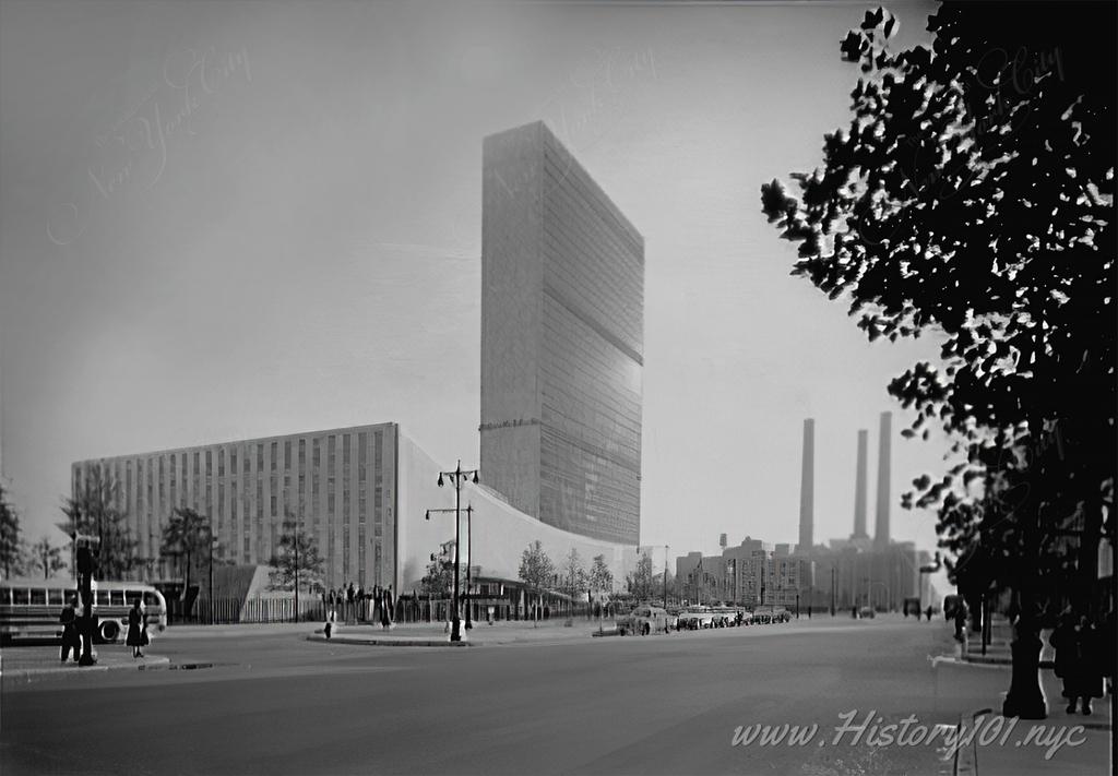 Photograph of the United Nations taken from  47th Street and First Avenue.