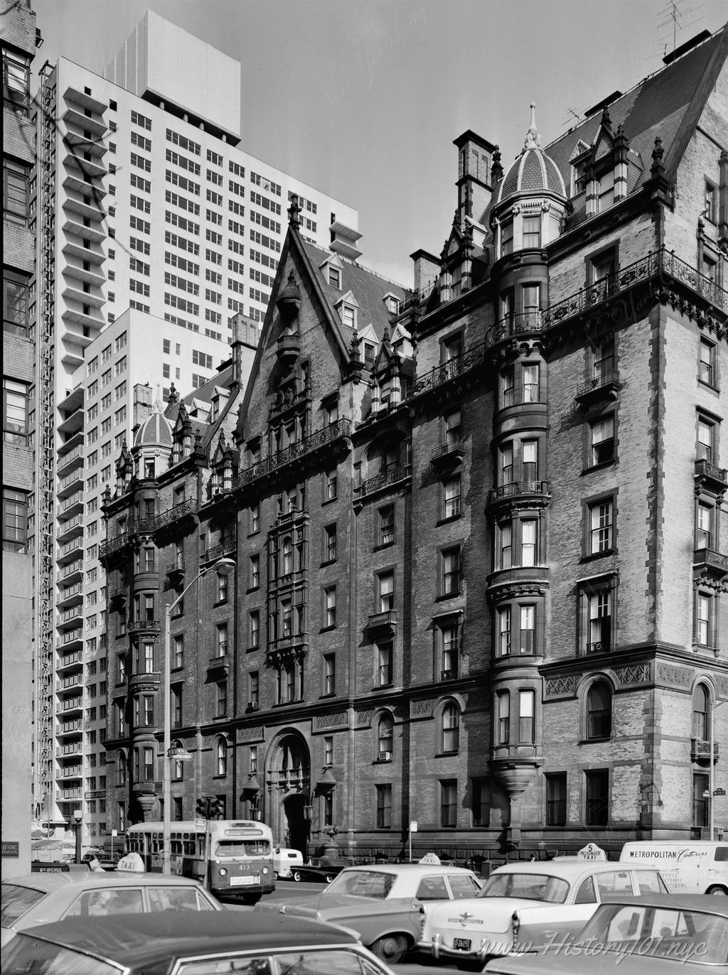 Photograph of the The Dakota Apartments taken from a corner in Central Park West.