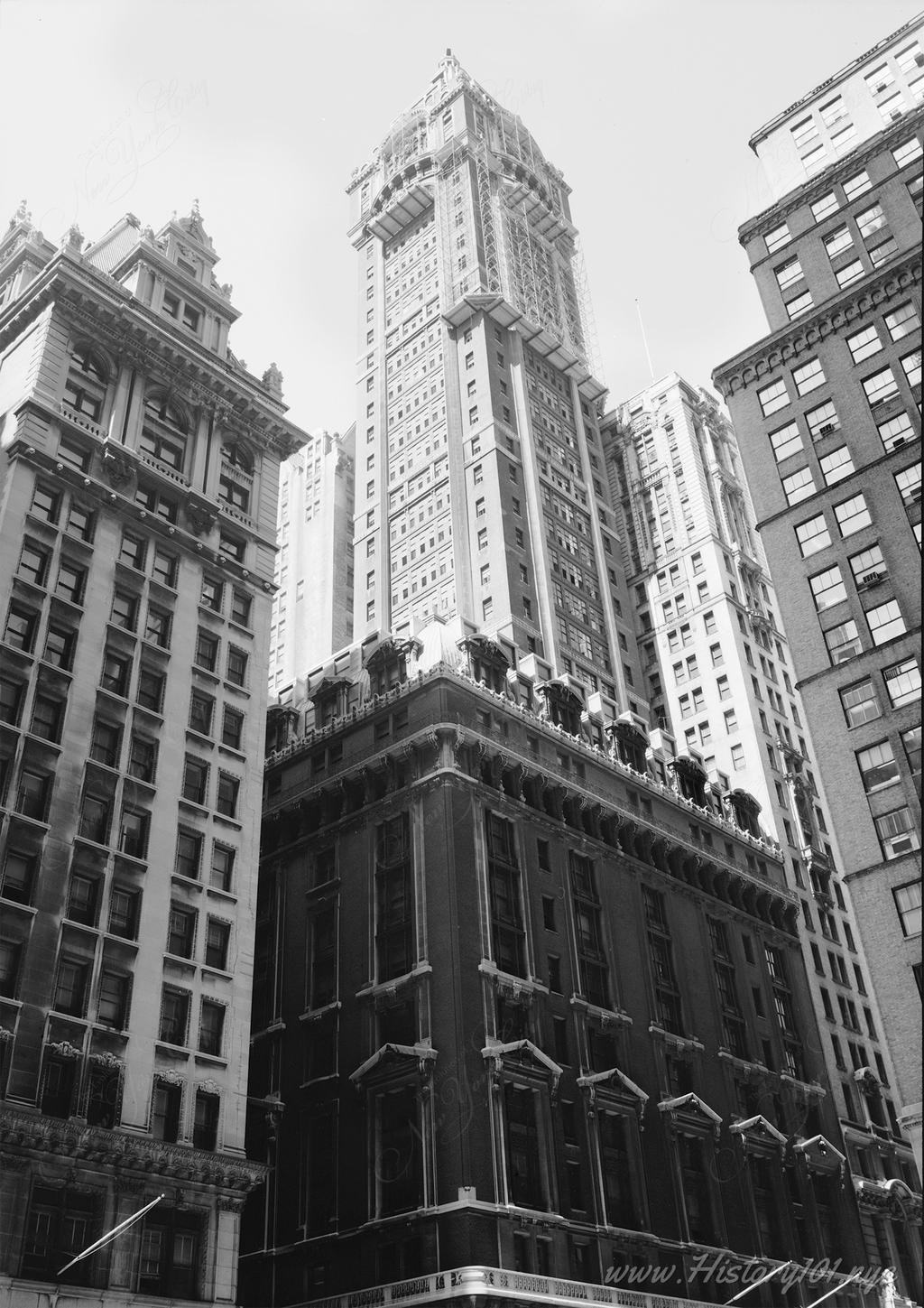 Photograph taken from Broadway, looking up towards the Singer Building.