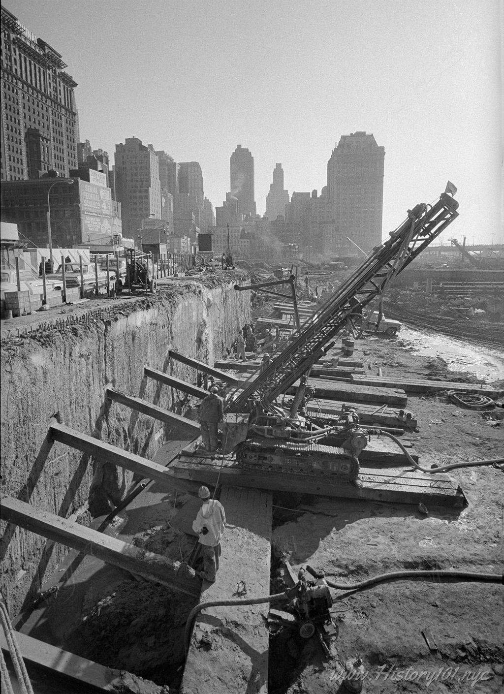 Photograph showing wall supports for the foundations of the World Trade Center.