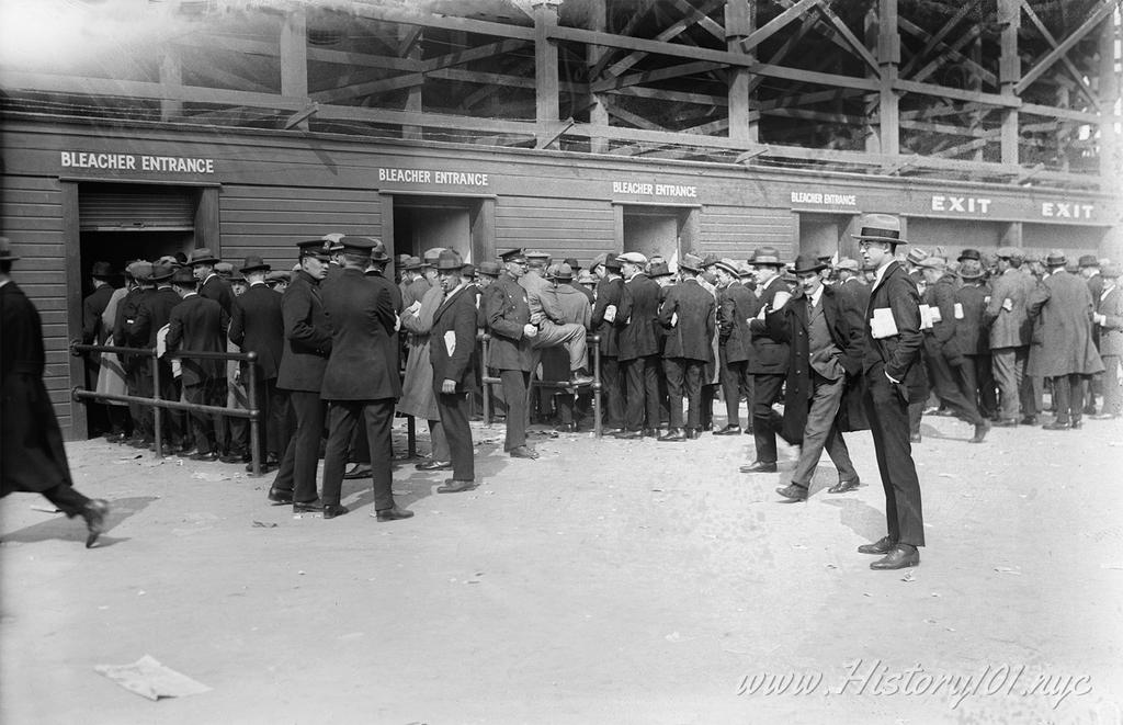 Photograph of baseball fans lined up for World Series bleacher seats at Yankee Stadium.