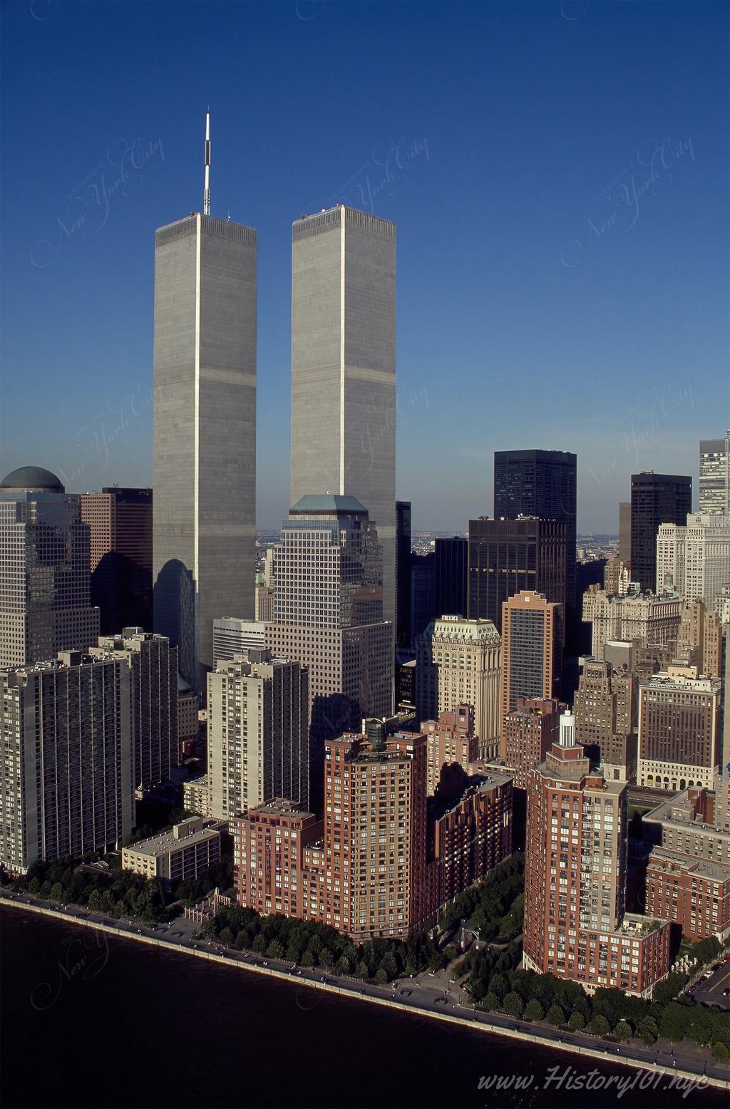 Aerial photograph of World Trade Center Buildings Number 1 and 2, commonly known as the Twin Towers.