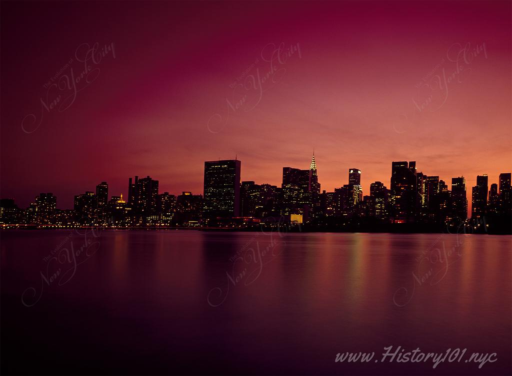 Explore Carol M. Highsmith's stunning photo of Manhattan's midtown skyline at dusk under a fiery, artistic sky, capturing the city's vibrant energy