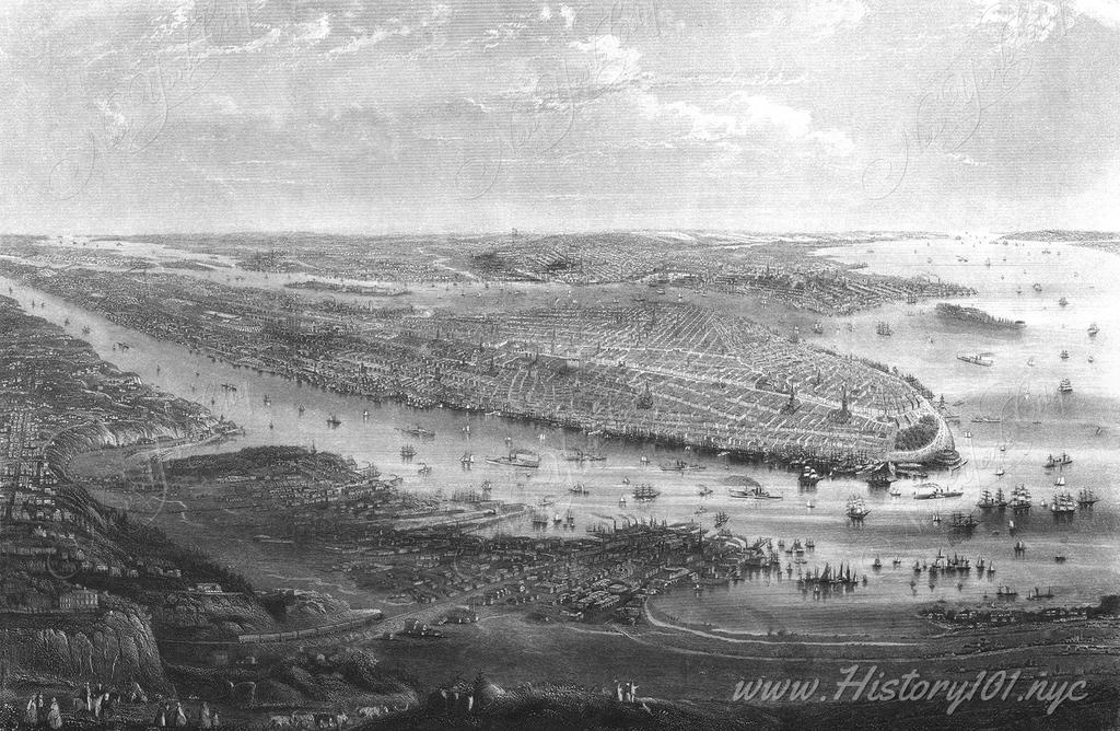 An artist's panoramic illustration where lower Manhattan, New Jersey and both Hudson and the East Rivers, Brooklyn and Queens are visible in the distance.