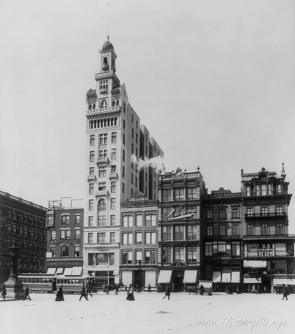 Photograph of the Decker Building overlooking Union Square. The structure was completed in 1892 for the Decker Brothers piano company, and designed by John H. Edelmann.
