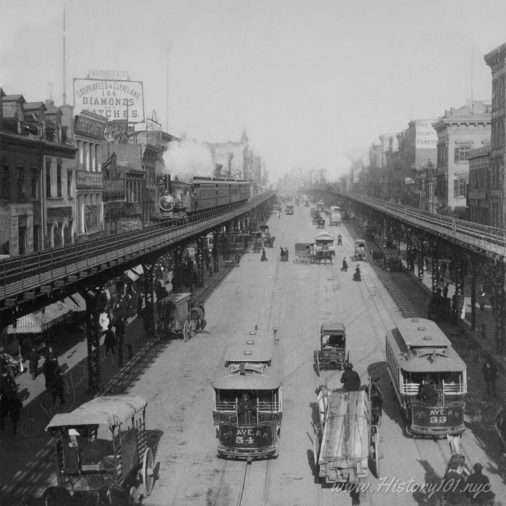 Photograph showing elevated railroad, delivery wagons, streetcars, buildings and people in lower Manhattan.