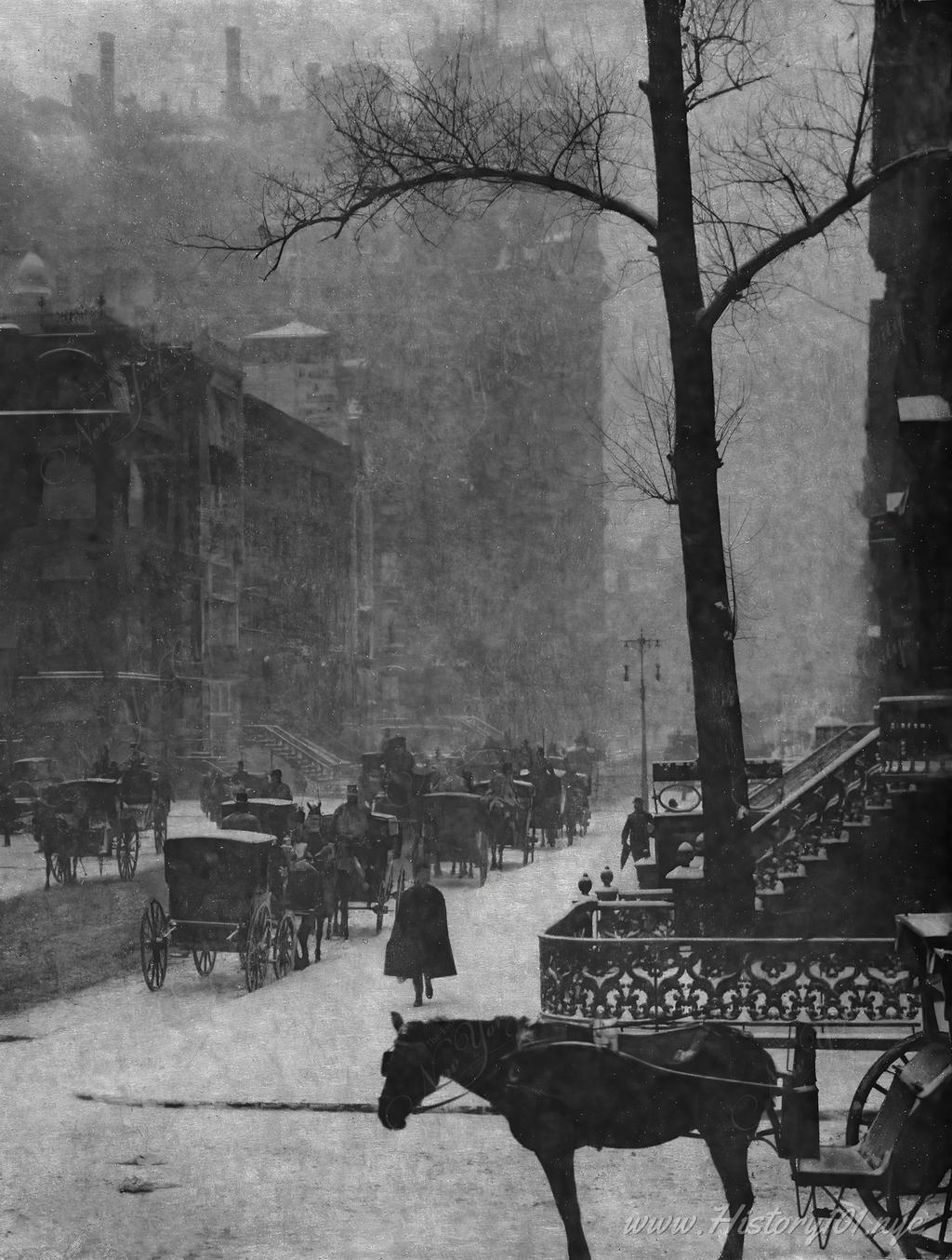 Photograph taken for a poster design of a winter scene looking south on Madison Avenue from 31st Street.