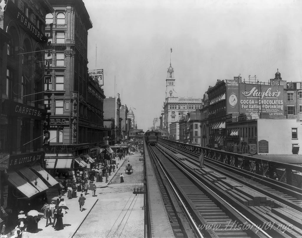 Photograph looking down the tracks of the elevated railroad on 6th Avenue near 16th Street.