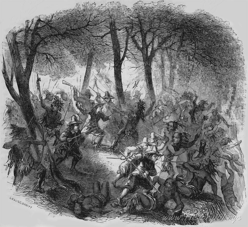 Illustration showing Dutch Colonists attacking indigenous camps on February 25, 1643, killing 120 people, including women and children.