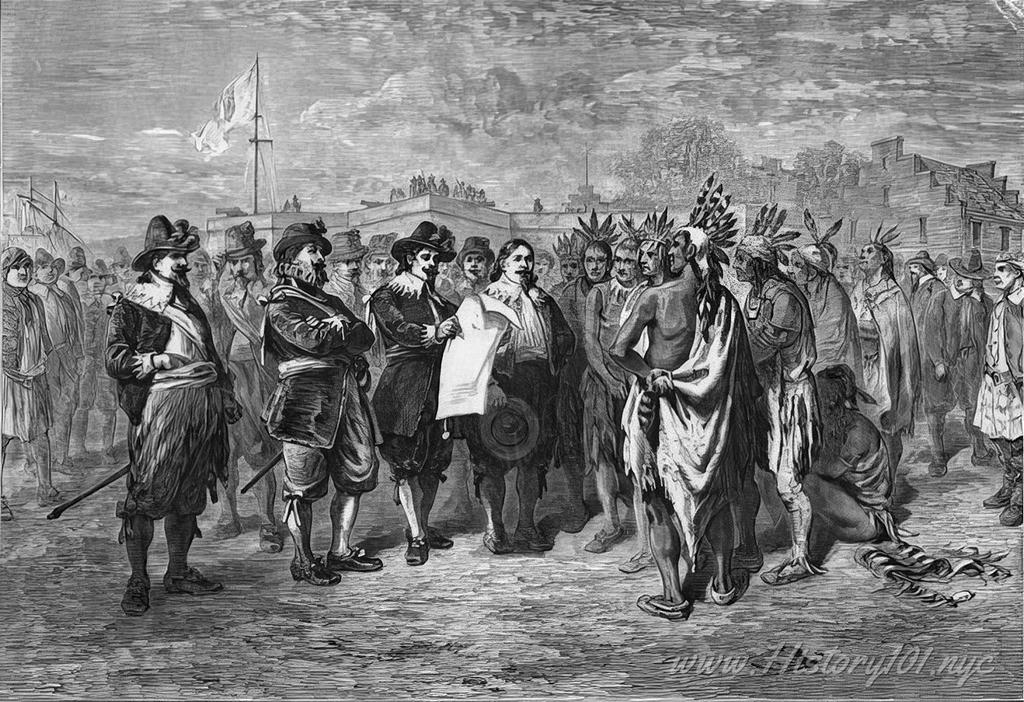 Illustration of Dutch settlers striking up a peace treaty with indigenous communities in order to reduce violence and open up trade.